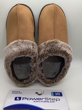 PowerStep Women's Tan Faux-Suede Slip-On Slippers with Plush Collar